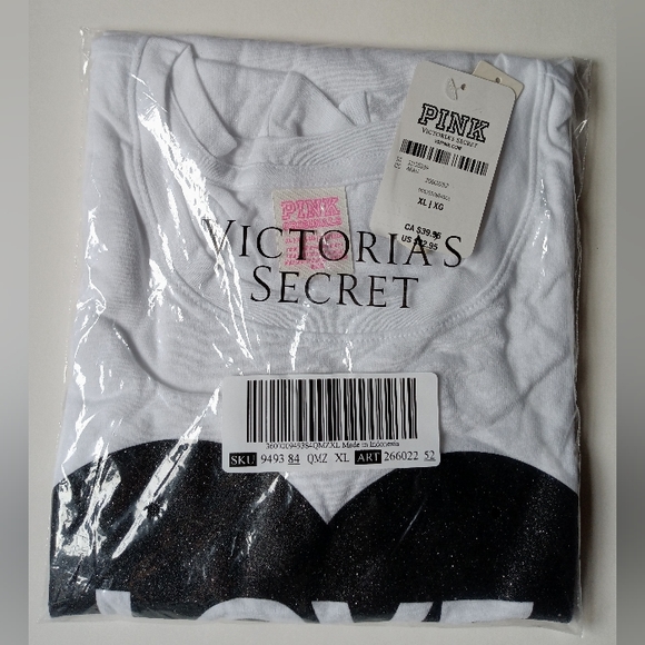 VS PINK White Pink Originals Black Glitter Shine Heart Logo Everyday Tee XL NEW - Picture 8 of 9
